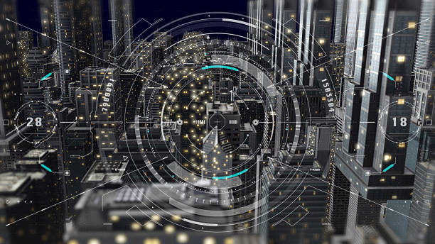 istock HUD Technology Monitoring Aerial View Screen System. Drone Data Analysis Fly Through 3D Building In Night Time illustration 2222924180