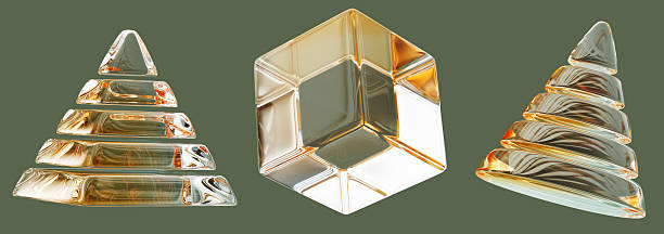 Gold glass triangle, cube and cone 3d render icon set. Abstract golden transparent geometric shapes - egyptian pyramid, crystal block, christmas pine tree, isolated decor elements. 3D illustration