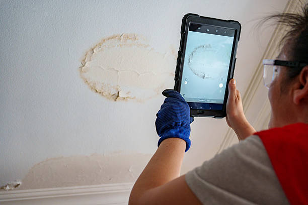 istock Worker fix leaking pipe in ceiling ,close-up of a stain on the ceiling 2222925241