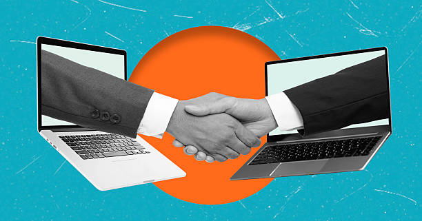 istock Art collage, Hands shaking between two notebooks in a digital partnership next to a bright orange circle on a blue background 2222925267