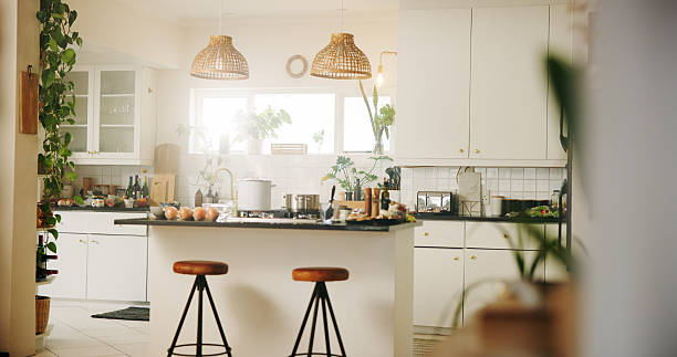 istock Home, kitchen and style with plants for interior design, real estate and eco friendly with sunlight. House, furniture and decor in modern apartment for rental, architecture or equipment for meal prep 2222926335