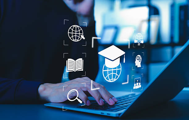 istock Online Education and E-Learning Digital Technology Concept. Icons of graduation cap, globe, book, and search representing online education, elearning, global knowledge sharing, and learn platform. 2222928798