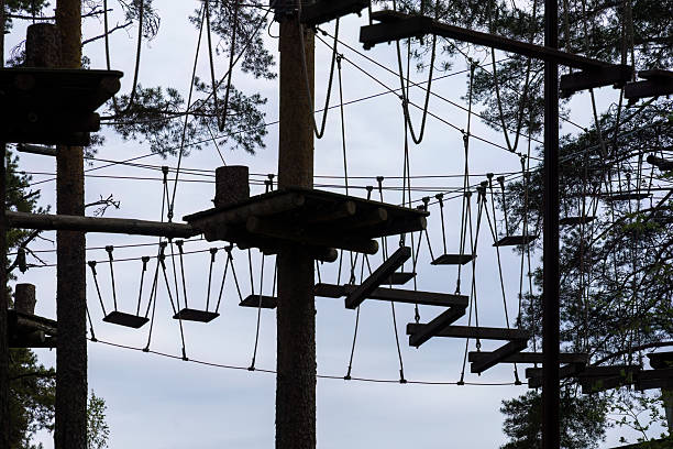 High ropes course with platforms and swings silhouetted against the sky. Hyvinkaa, Finland.
