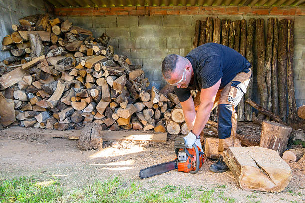 a young man splits wood that has been cut into boards with a chainsaw machine in the forest