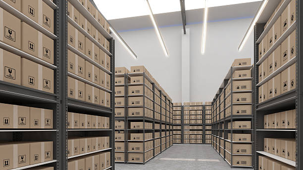 istock Large warehouse storage factory, packing goods in boxes, arranging large shelves, 3D rendering 2222941482