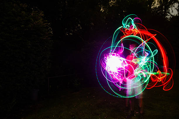 istock Futuristic Portrait of a Man Spinning a Light in Hand 2222945763