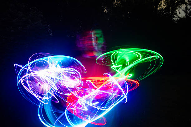 istock Futuristic Portrait of a Man Spinning a Light in Hand 2222945843