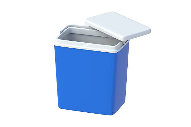 istock Single portable fridge with open lid isolated on white background. Ice cooler. Freezer box for beverage or food. Equipment for picnic. 3d render 2222947589