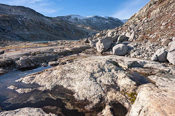 The view from the hiking trail in Joutunheimen National Park in Norway on a sunny day in autumn (October). The image was captured with a full frame DSLR camera with a prime wide angle lens at low ISO resulting in a large, clean file. The image is part of a large series of photographs of Jotunheimen at various seasons.