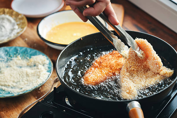 Frying Crispy Chicken in a Cooking Pan for Japanese Katsu Curry