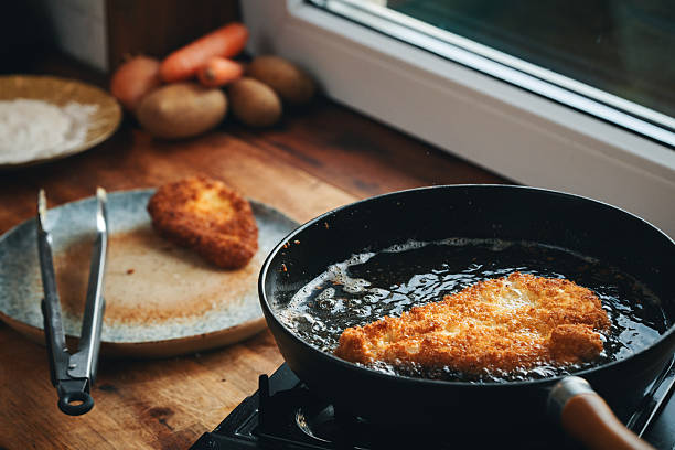 Frying Crispy Chicken in a Cooking Pan for Japanese Katsu Curry