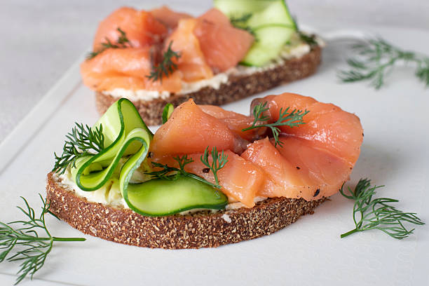 istock Sandwiches with salted salmon and cucumber on white board 2222953401