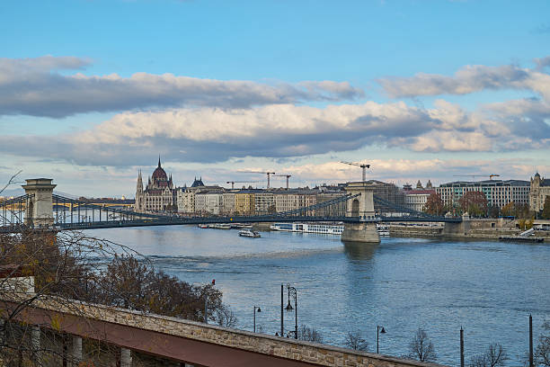 View from Budapest over the Danube river with impressive buildings and bridges