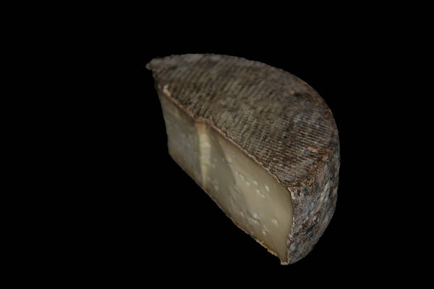A piece of goat cheese head on a wooden shelf in a cellar in a private farm. Cheese manufacture