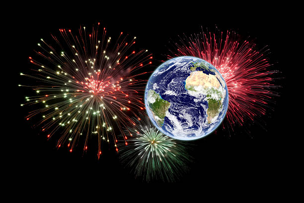 Colorful fireworks on planet earth in space. Concept of celebration, new year and national day.