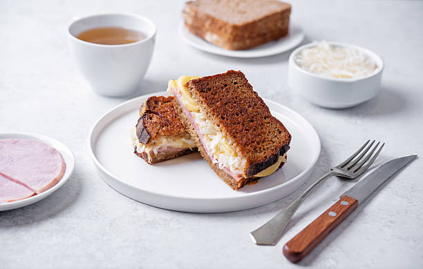 Ham cabbage cheese rye roasted sandwich in a plate