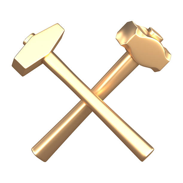 istock Crossed golden blacksmith hammers on isolated background 2222971723