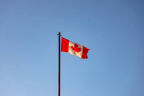 istock Canada Flag flagging in a withstand with blue sky in the background 2222972928
