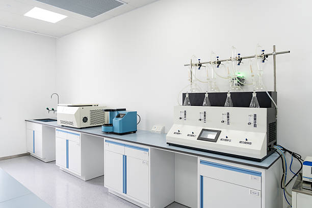 Scientific, research and medical labratory where scientists conduct experiments and do analysis. Empty lab with science equipment technology for learning and testing for biochemistry.