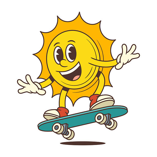 Vintage cartoon sun mascot joyfully riding a skateboard with wide smile, wearing sneakers and gloves. Perfect for summer, sports, and fun projects. Vector illustration