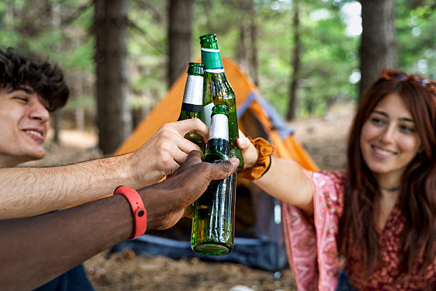 istock Friends toasting beer bottles at forest campsite 2222977408