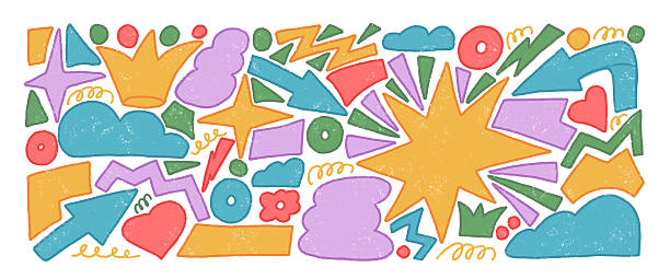 istock Abstract geometric shapes crayon drawn set. Stars, crown, arrows and vector figures by pencil Organic colorful playful stickers doodle isolated on white background. Graphic hand drawn funky elements 2222983372