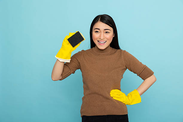 istock Smiling asian housemaid posing with cleaning sponge 2222983758