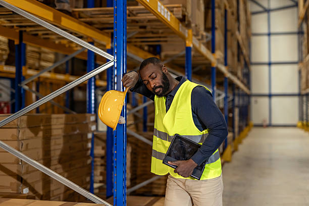 istock Tired Warehouse Worker Leaning Against Shelf in Distribution Center 2222986443