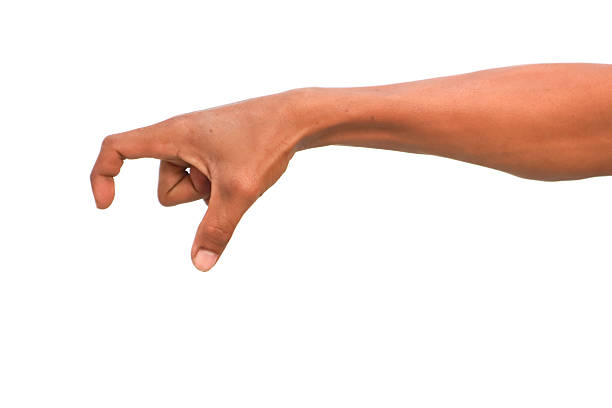 istock Dark-skinned hand reaching down with index finger and thumb extended on white 2222991710