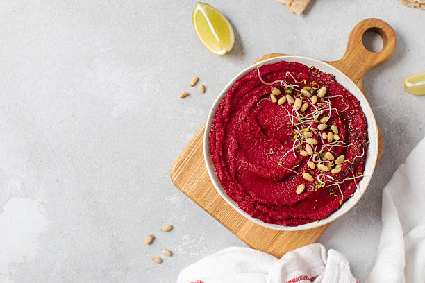 Top view beet hummus. Healthy and vegetarian snack concept. Concept of vegetarian. Copy space