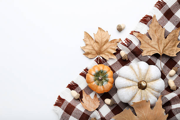 istock Autumn pumpkins with dry leafs, acorns and plaid on white background 2222999036