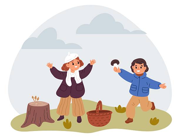 mały chłopiec i dziewczynka znaleźli grzyba w jesiennym lesie. dzieci zbierające grzyby. przyrodnicy w przyrodzie. dzieci zbierają grzyby w lesie. kosz na pień drzewa. jesienny wypoczynek. koncepcja wektora - grzybobranie stock illustrations