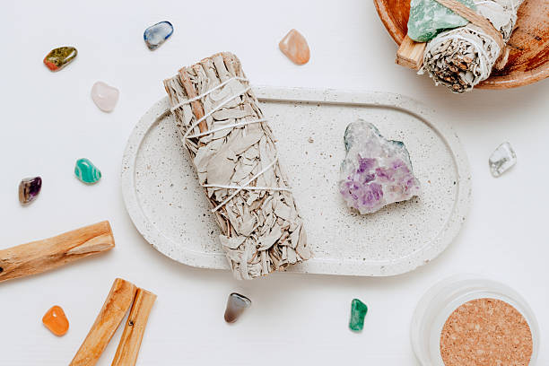 istock White sage with crystal on the tray, top view 2223013647