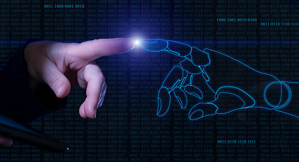istock Human hand reaching towards robotic hand with a digital interface in the background, symbolizing advanced technology and connection 2223013865
