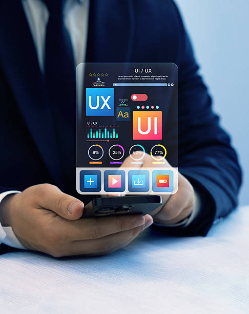 Holographic UI-UX, display icons of UX-UI designer, creative planning, data visualization. Web design, application design,coding develop.UX-UI design web and user design development.