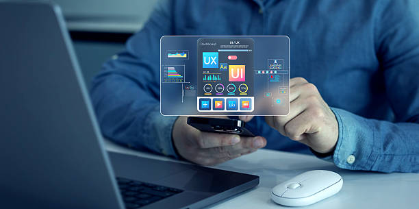 istock Holographic UI-UX, display icons of UX-UI designer, creative planning, data visualization. Web design, application design,coding develop.UX-UI design web and user design development. 2223015576