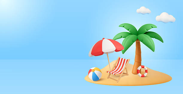 istock 3d hello summer travel background with palm tree, beach chair and umbrella, beach ball and life buoy on sand, isolated on background. 2223020358
