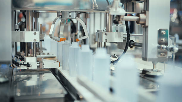 pharmaceutical or cosmetic production line with automated dispenser for small plastic bottles | precision liquid filling system in modern industrial packaging machine
