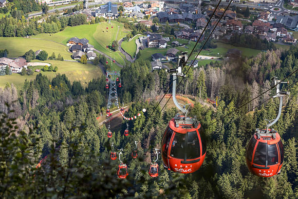 Ortisei, Italy- September 26, 2024: Summer view of Mont Seuc cable car red cabins in Dolomites, South Tyrol, Italy