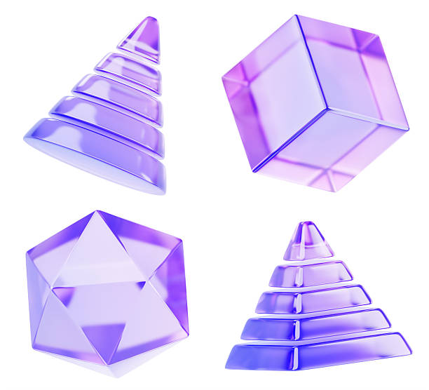 3d set of glass holographic geometric shape - cone, cube, pyramid and polygon render icon. Abstract transparent figure with hologram gradient texture, isolated crystal glossy object. 3D illustration