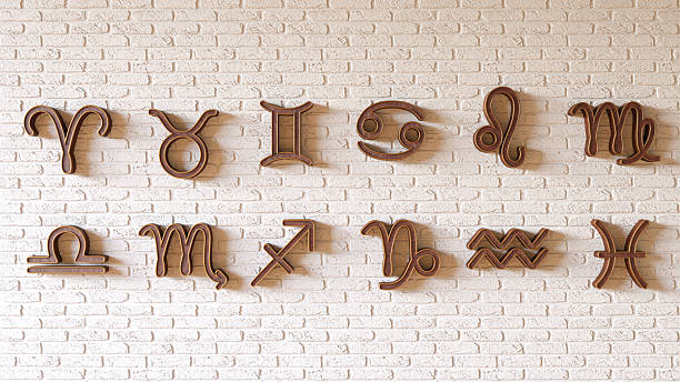 Rustic Wooden Zodiac Symbols Decorating White Brick Wall 3D Render