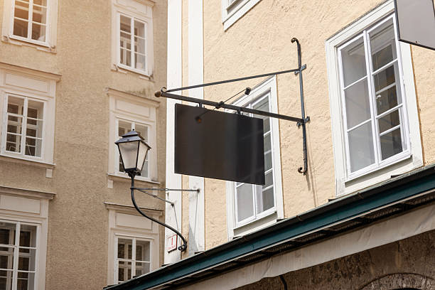 istock Modern blank rectangular signage mounted on rods, ideal for contemporary store branding, urban business identity or advertising design mockups 2223040009
