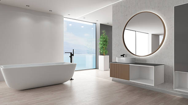 istock Luxury Bathroom Interior With Ocean View and Freestanding Tub 2223040458