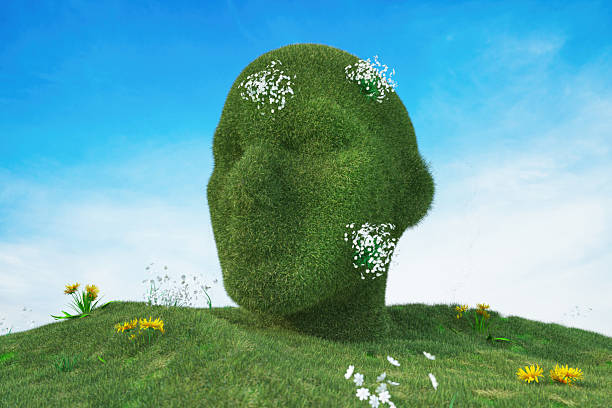 Surreal Grass Head Sculpture in Blooming Green Landscape. 3D Render