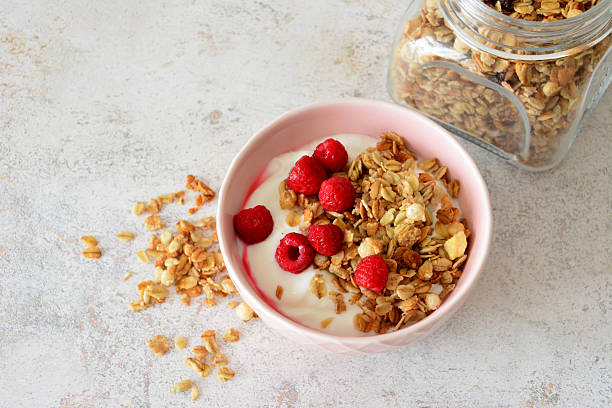 istock Healthy breakfast bowl with granola, yogurt and raspberries flat lay copy space 2223043986