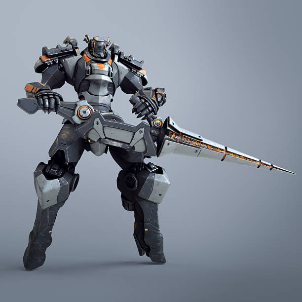 istock 3d render robot warrior holds a large lance with both hands. A science-fiction mech in a standing pose. Futuristic robot with white and gray color metal. Mech Battle on a gray background. 2223048355