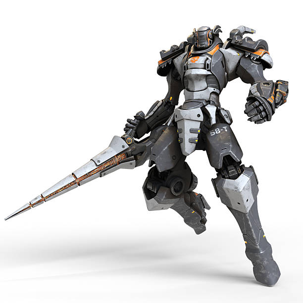istock 3d render robot warrior with a large lance in one hand. A science-fiction mech in a jumping pose. Futuristic robot with white and gray color metal. Mech Battle. Orange paint. White background. 2223048361