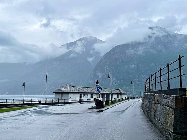 Sognefjord view with wet road. The Sognefjord or Sognefjorden nicknamed the King of the Fjords (Norwegian: Fjordenes konge), is the longest and deepest fjord in Norway. Located in Vestland county in Western Norway, it stretches 205 kilometres (127 mi) inland from the ocean to the small village of Skjolden in the municipality of Luster. The fjord gives its name to the surrounding district of Sogn. In physical geography, a fjord is a long, narrow sea inlet with steep sides or cliffs, created by a glacier. Fjords exist on the coasts of Antarctica, the Arctic, and surrounding landmasses of the northern and southern hemispheres. Norway's coastline is estimated to be 29,000 km (18,000 mi) long with its nearly 1,200 fjords
