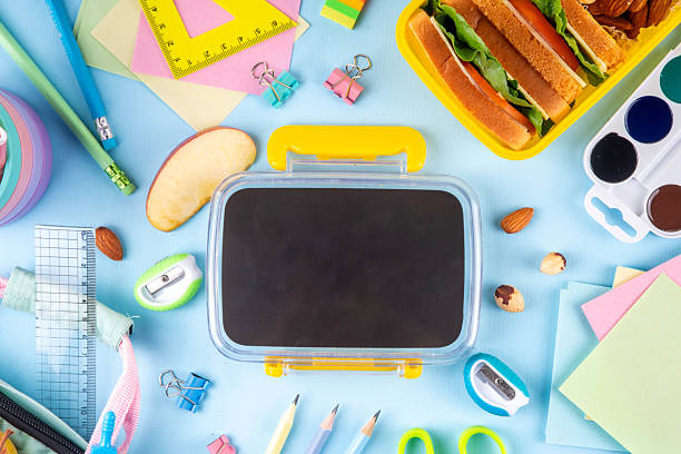 Back to school. Healthy school meal, children packed lunch box with fruit, berry, nuts, sandwich with vegetables. Kids diet snack food with education school supplies, bright blue background top view