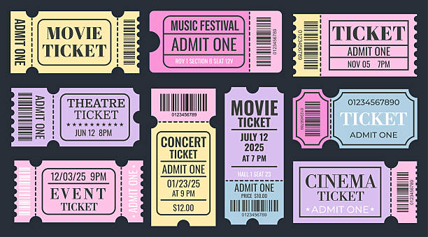 Set of colorful admit tickets template. Ticket for cinema, movie, circus, theater, film, festival, club, music. Event admission, entrance pass set. Vector illustration